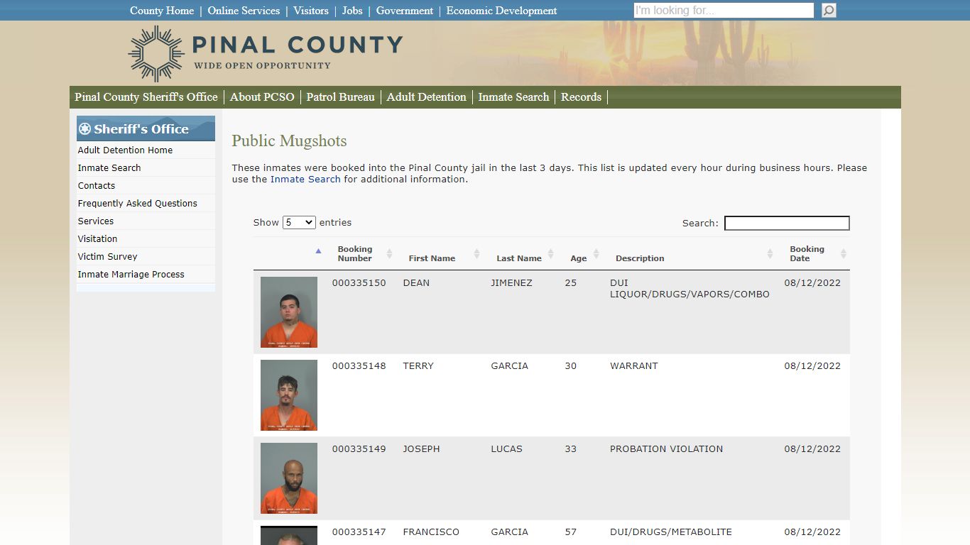 Public Mugshots - Pinal County, Arizona